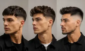 Tre ragazzi con capelli con sfumatura: taglio corto e netto, ricci voluminosi, e un ciuffo moderno.