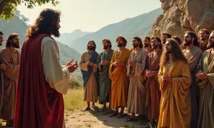 Jezus przemawia do swoich uczniów, apostołów, na tle górskiego krajobrazu.
