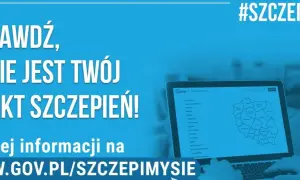 Laptop z mapą Polski i listą punktów szczepień. Tekst: Sprawdź, gdzie jest Twój punkt szczepień!