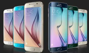 Kilka smartfonów Samsung Galaxy S6 w różnych kolorach, ustawionych obok siebie.