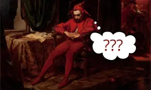 Smutny stańczyk w czerwonym stroju siedzi zamyślony. Co go trapi?
