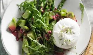Spargel mit Burrata, grünen Tomaten und Rucola auf einem Teller. Ein köstlicher Frühlingssalat.