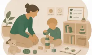 En vuxen leker med ett autism barn med klossar. På väggen syns ord som kommunikation och socialt samspel.