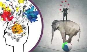 En man jonglerar bollar på en elefant som balanserar på en boll. Bredvid en illustration av ett huvud fyllt med idéer, symboliserar detta multitasking svenska.