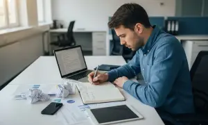 Mężczyzna pochyla się nad notatnikiem, pisząc. Na biurku laptop, telefon i dokumenty. Może analizuje prawo pracy.