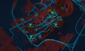Mapa z gry Cyberpunk 2077. Widoczne ikony misji, wrogów (czaszki) i punktów zainteresowania. Wskazuje drogę do **cyberpunk widmo wolności zakończenia**.