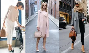 Trzy kobiety prezentują styl coquette: jedna w biurowym stroju, druga w pudrowym płaszczu, trzecia w szarym płaszczu i szalu.