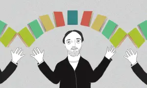 Mężczyzna z brodą i otwartymi ramionami, otoczony łukiem kolorowych książek. Dwie pary rąk wyciągają się ku niemu, tworząc antytezę.