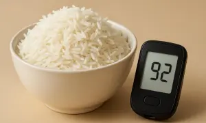 Ciotola di riso basmati accanto a un glucometro che mostra 92. Un promemoria visivo sul riso basmati indice glicemico.