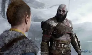 Kratos i Atreus w śnieżnym krajobrazie. Zastanawiasz się, god of war ile godzin zajmie Ci ta epicka podróż?