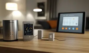 Sur une table en bois, une passerelle Netatmo et ses accessoires connectés, dont un écran affichant des données environnementales, sont prêts à gérer votre maison intelligente.