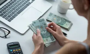 Dłonie liczą banknoty 100 zł. Obok leży laptop, kalkulator i okulary. To kwota wolna od zajęcia, którą można przeznaczyć na bieżące wydatki.