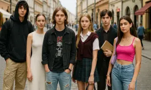 Grupa nastolatków w różnorodnych stylizacjach stoi na ulicy.