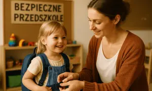 Uśmiechnięta pani pomaga dziewczynce z plecakiem w przedszkolu. Zastanawiasz się, ile kosztuje przedszkole państwowe?