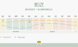 Klimatabelle für Belize: Die beste Belize Reisezeit zeigt die Temperaturkurve (gelb) und Regentage (blau) pro Monat. Trockenzeit von Dez-Mai, Regenzeit von Jun-Nov.