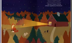Ilustracja nocnego lasu z chatką, lisem, sarną, króliczkiem i jeżami.