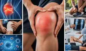 Collage sur la douleur au genou : anatomie, blessure, rééducation, radiographie, virus et le rôle du liquide synovial.