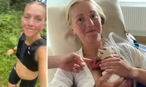 Kvinna springer i skogen, sedan håller hon sitt nyfödda barn med slangar. Sammandragningar vecka 25 ledde till för tidig födsel.