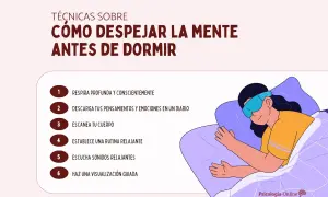 Mujer durmiendo con antifaz, lista para lecturas para relajarse. Técnicas para despejar la mente antes de dormir: respirar, escribir, escanear cuerpo, rutina, sonidos y visualización.