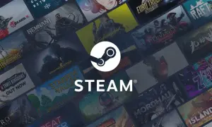 Logo Steam otoczone kolażem okładek popularnych gier.