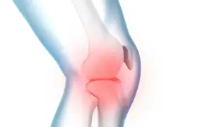 Illustration eines menschlichen Knies mit roter Hitze, die **Spannung im Knie** symbolisiert.