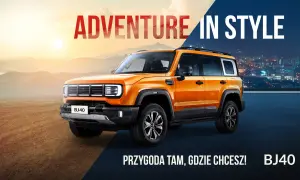 Pomarańczowy BJ40 na tle gór i miasta. "Adventure in Style" i "Przygoda tam, gdzie chcesz!". Sprawdź BJ40 cena.