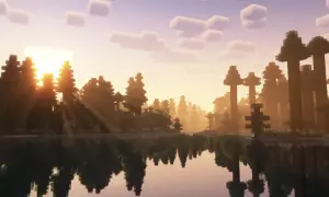 Piękny wschód słońca w Minecraft z promieniami przechodzącymi przez drzewa. Chcesz wiedzieć, jak wgrać shadery do Minecraft, by uzyskać taki efekt?