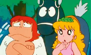 Postacie z anime, inspirowane mitologią grecką bogowie: Eros z zaciętą miną, dziewczyna w różowej sukience i czarny koń.