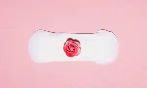 Biały podpaska z różową różą na różowym tle.