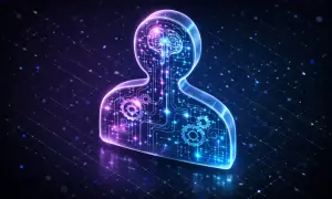 Sylwetka człowieka z mózgiem i trybikami, symbolizująca asystenta AI, świeci neonowym blaskiem na tle cyfrowego świata.