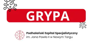 Grafika informuje o grypie, ale warto pamiętać o objawach hantawirusa. Widoczne wirusy i nazwa szpitala.