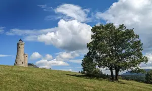 Kamienna, przebudowana wieża na pograniczu góruje nad zielonym wzgórzem. Obok mniejsza wieżyczka i budynek. Na pierwszym planie rozłożyste drzewo.