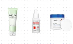 Tris di prodotti skincare: detergente alla centella, siero con acido salicilico e niacinamide, e dischetti esfolianti per minimizzare i pori.