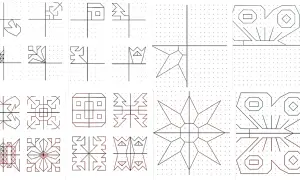 Ejemplos de simetría primaria en cuadrículas: formas geométricas, mariposas y estrellas.