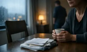 Kto dziedziczy po zmarłym mężu? Kobieta z kubkiem w dłoniach siedzi przy stole z dokumentami, w tle mężczyzna i deszcz za oknem.