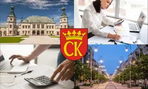 Kielce: pałac, herb miasta, kobiety pracujące z kalkulatorem i laptopem, ulica z latarniami.