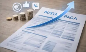 Busta paga con grafico a freccia blu in crescita, monete e icone euro, pollice in su e percentuale. Guadagno netto ral 40000.