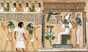 En bild från dödsboken visar Osiris, en gudinna i Egypten, sittande på en tron. Bredvid honom står Isis och Nephthys.