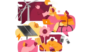 Illustration visar hur csr betyder hållbarhet med vindkraft, solpaneler, batterier, och människor som samarbetar för en bättre framtid.