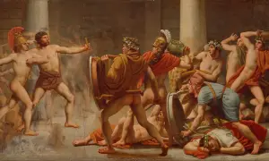 Scène de combat antique. Un homme barbu, peut-être le père d'Ulysse, pointe du doigt un adversaire. Des guerriers tombent, d'autres se battent.