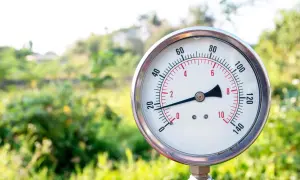 Manometr wskazuje ciśnienie w hydroforze 300l. Wskazówka pokazuje ok. 2 bary.