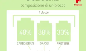 La dieta a zona illustra la composizione di un blocco: 40% carboidrati, 30% grassi, 30% proteine.