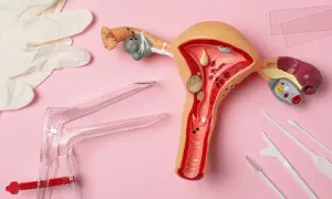 Model anatomiczny macicy z narzędziami medycznymi: wziernik, rękawiczki, szczoteczki.