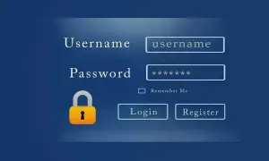 Pantalla de inicio de sesión de Windows 10 con campos para nombre de usuario y contraseña, un candado y botones de inicio de sesión/registro. Indica un error en el servicio de perfil de usuario.