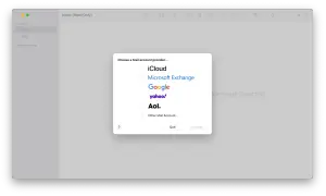 Okno wyboru dostawcy konta mailowego w aplikacji Mail. Dostępne opcje to iCloud, Microsoft Exchange, Google, Yahoo, AOL oraz inne konto mailowe.