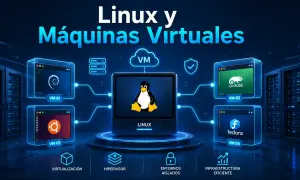 Ilustración de Linux y máquinas virtuales, mostrando distribuciones como Debian, Ubuntu, openSUSE y Fedora.