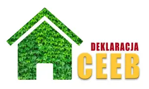 Zielony dom z liści symbolizuje ekologiczne rozwiązania, jak pompa ciepła. Obok napis "Deklaracja CEEB".