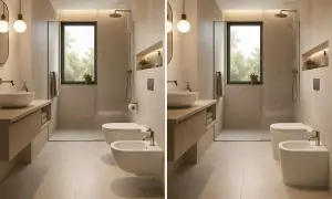 Bagno moderno con sanitari sospesi: pro e contro. Vaso e bidet sospesi, lavabo su mobile, doccia walk-in.