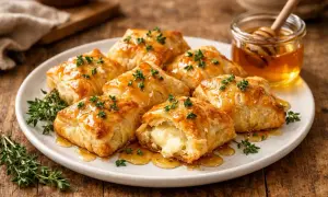 Délicieux feuilleté chèvre, dorés et garnis de thym frais, nappés de miel ambré. Un délice croustillant et fondant.