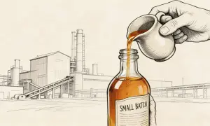 Ręka przelewa bursztynowy alkohol z dzbanka do butelki z etykietą "SMALL BATCH". Idealny alkohol na 50 urodziny, prosto z destylarni.